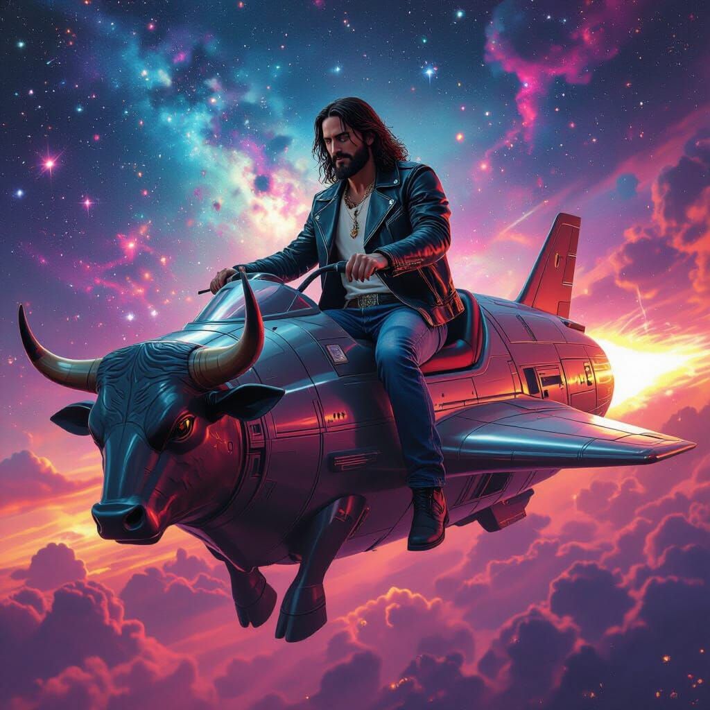 Jesus Rides Mechanical Bull Spaceship in Matte Painting Styl...