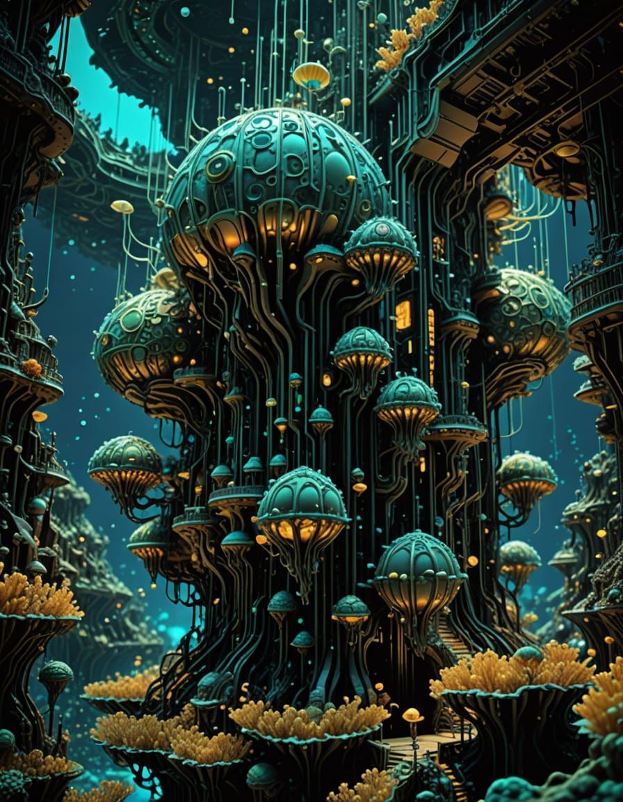 Luminous Arcology Cityscape with Microscopic Flying Marine L...