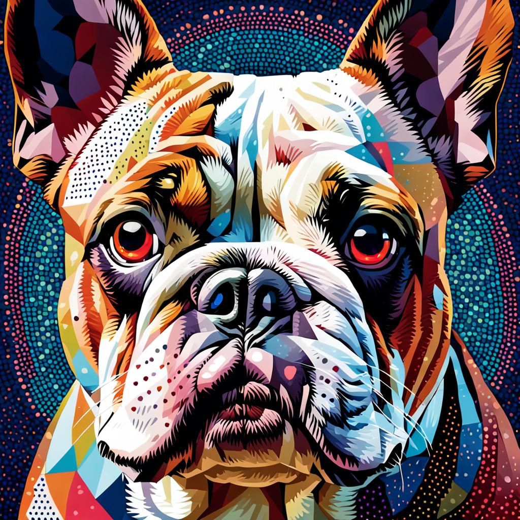 Vibrant Geometric Bulldog Portrait with Whimsical Heart Patt...
