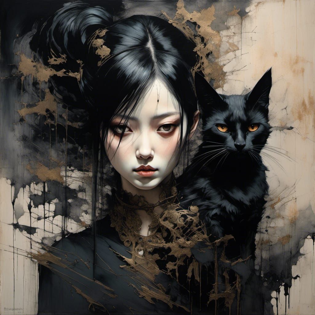 Gothic Girl with Cat: Dark Romantic Illustration