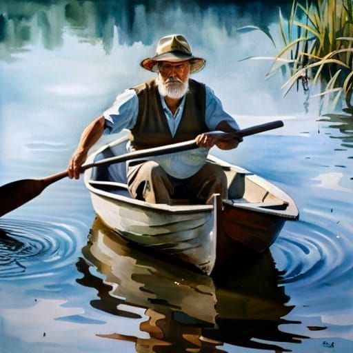 Watercolor Fisherman in Rowboat on Sunny Morning