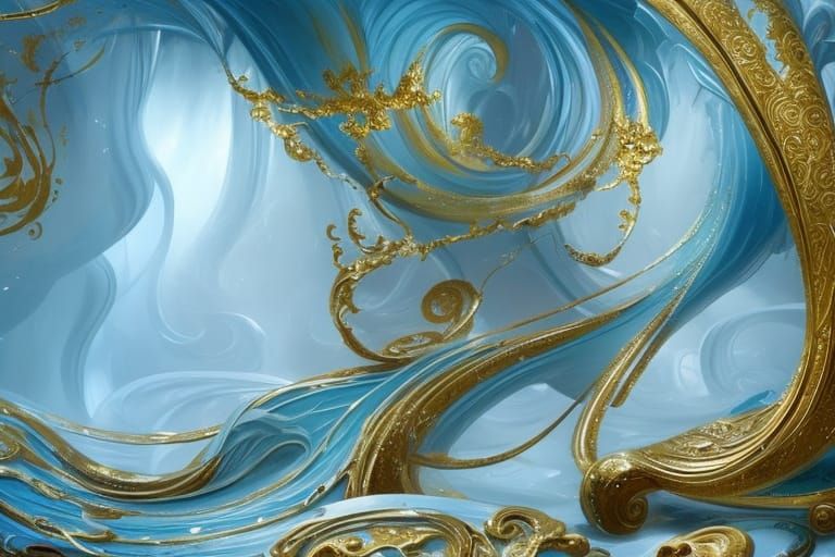 Hyperrealistic Rococo Water World with Gold Accents