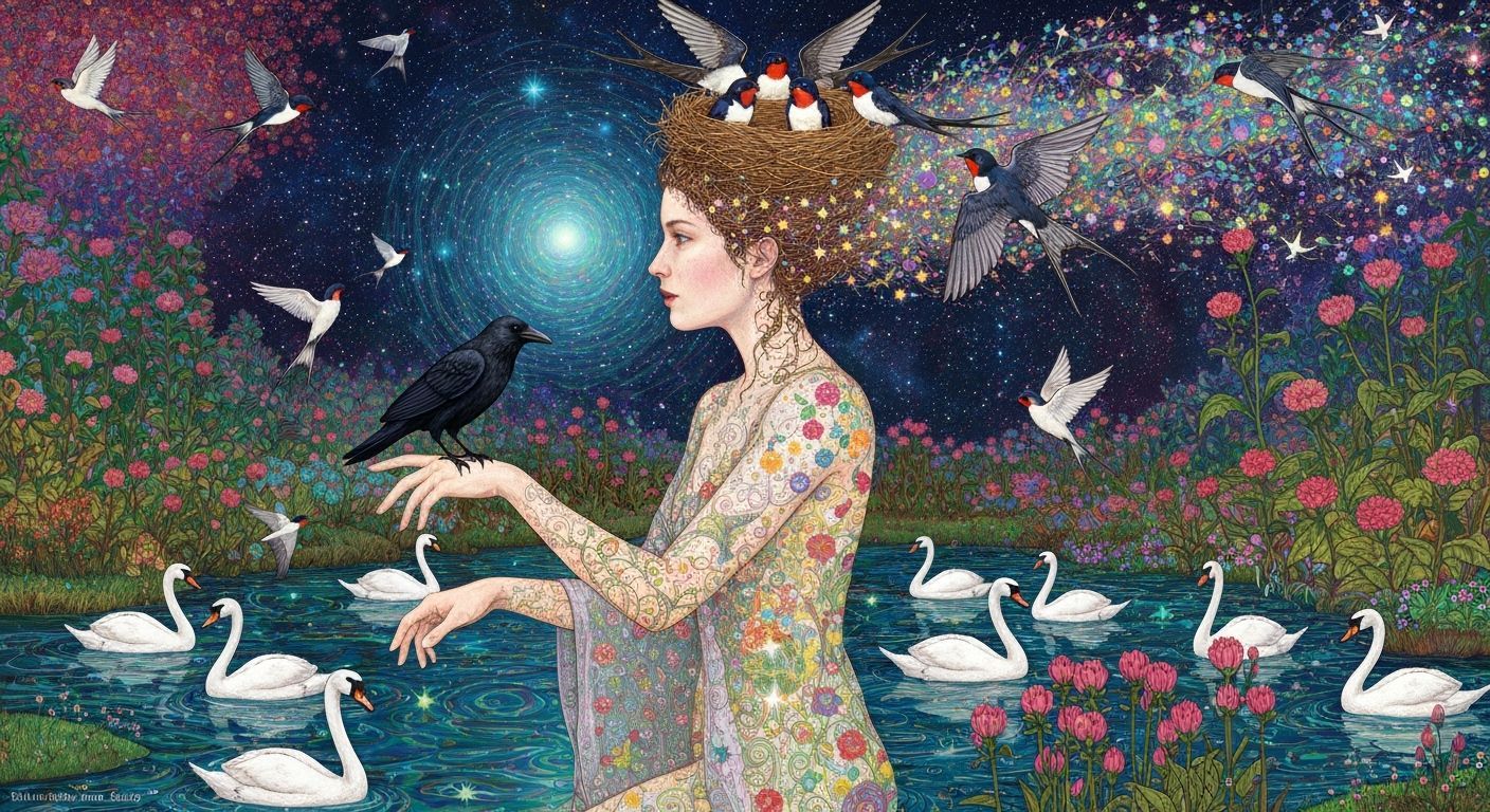 Ethereal Woman Transforming into Birds Amidst Cosmic Energy