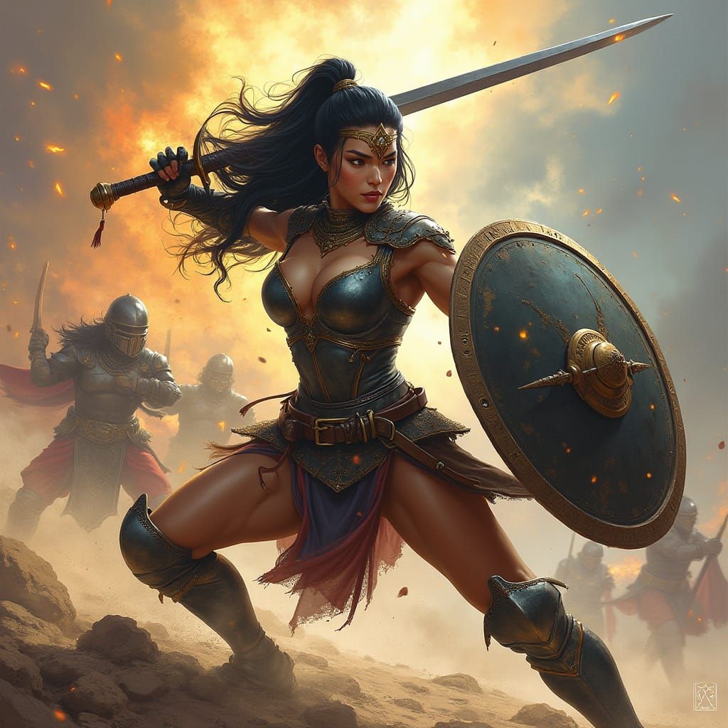 Asian Warrior Woman in Battle, Fantasy Art Style