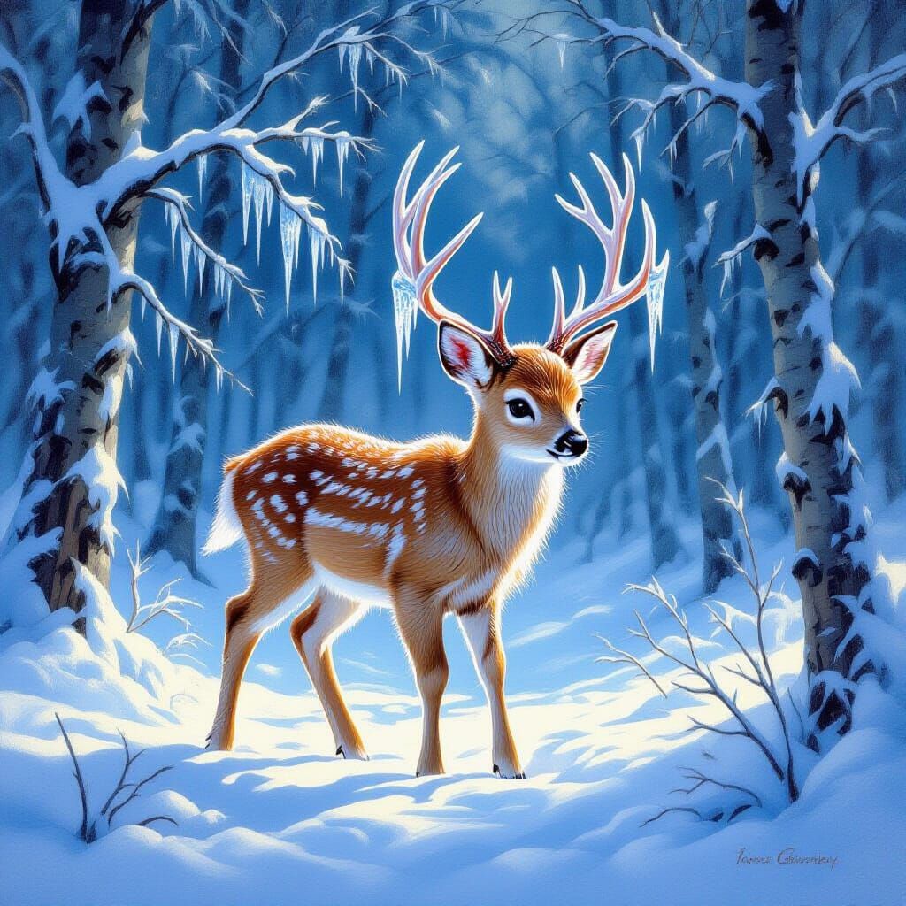 Ice Deer in Snowy Forest Oil Painting