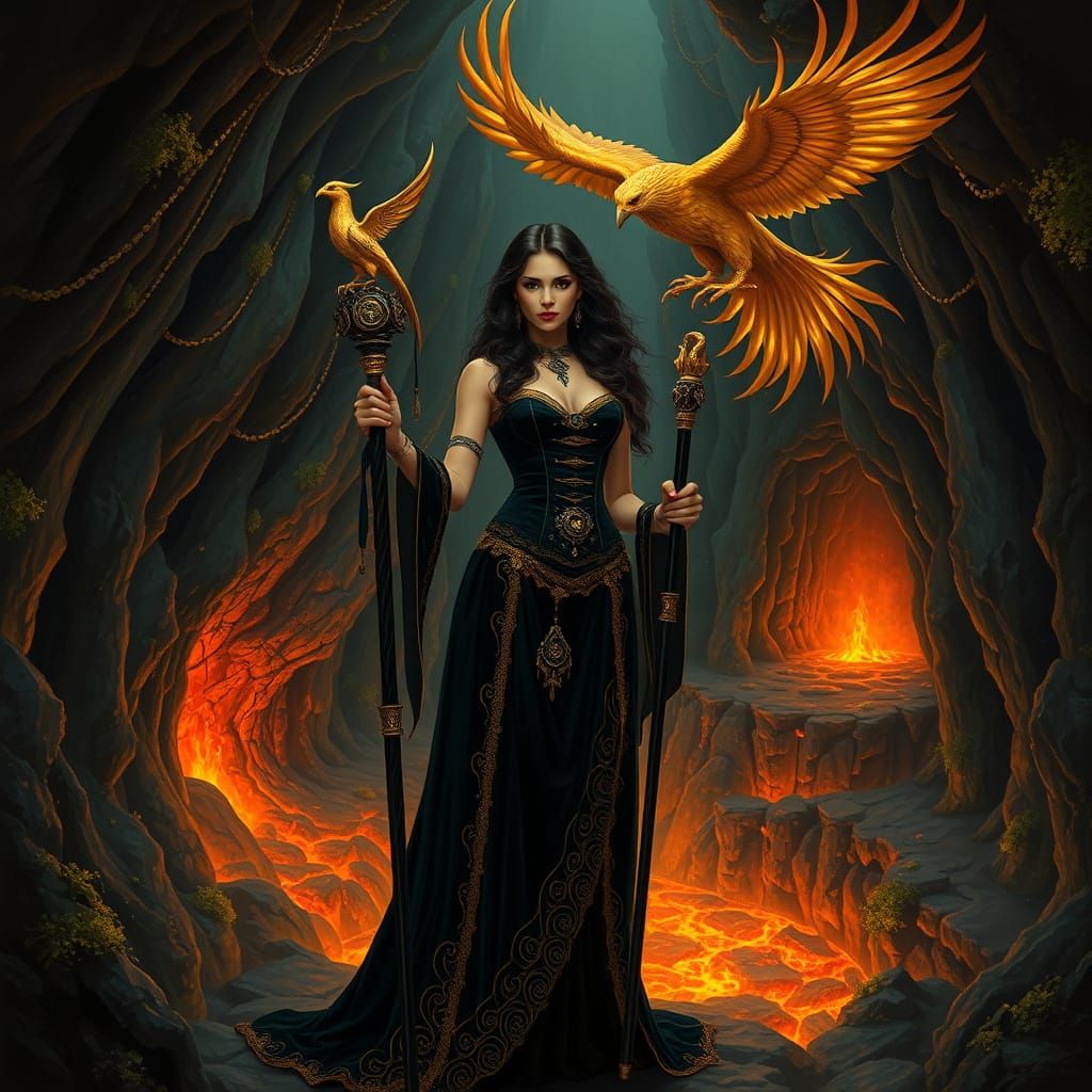 A dark cave with lichen-covered walls and a glowing lava pool , A stunningly beautiful fire sorceress stands in the cent...