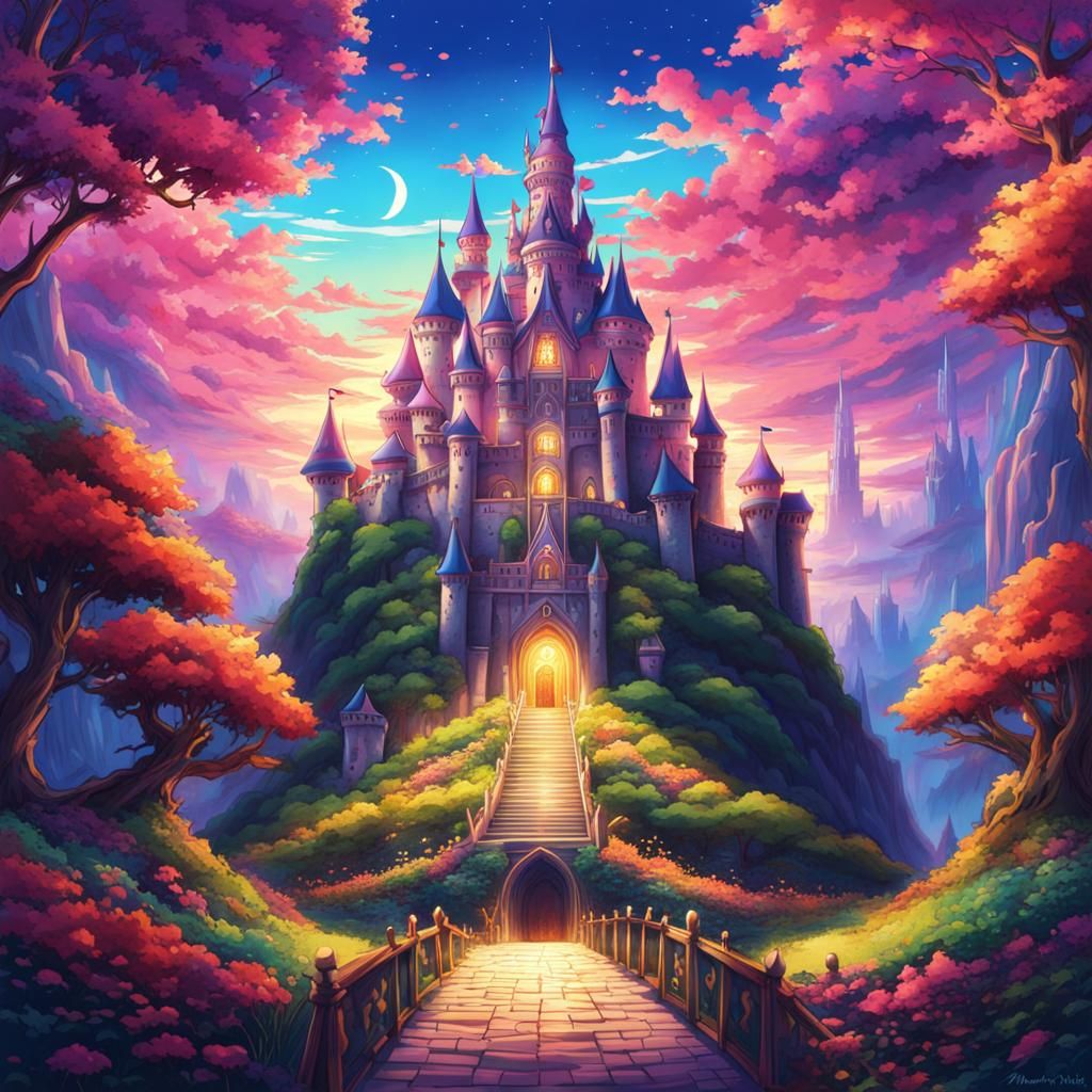 Psychedelic Fantasy Castle in Anime Style