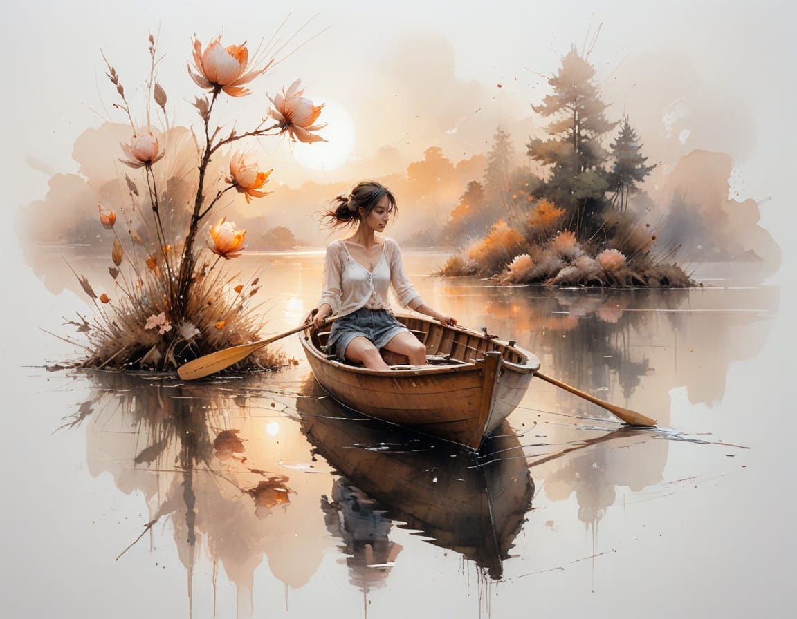 Wooden Rowboat on Foggy Lake at Dawn in Painterly Style