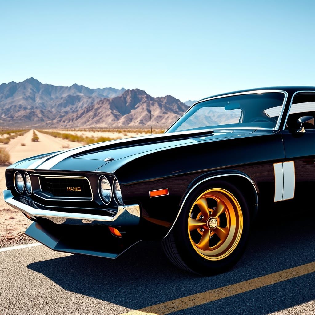Black 1970 Muscle Car with Racing Stripes in Desert