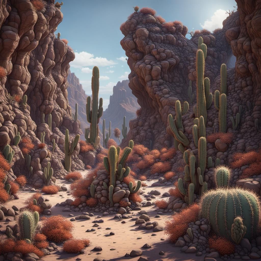 Hyperdetailed Desert Canyon with Cacti in Matte Painting Sty...