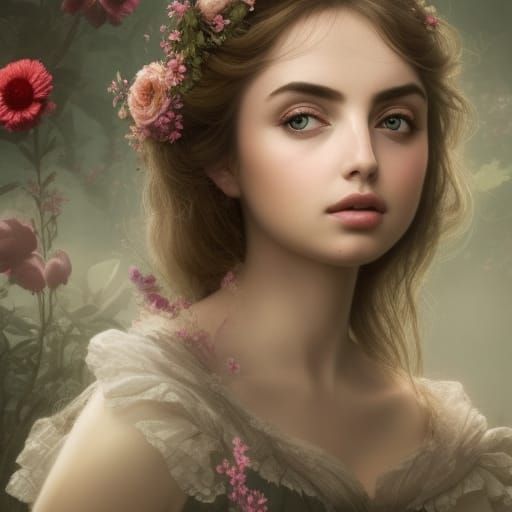 XIX Century Girl with Flowers, Fairytale Portrait