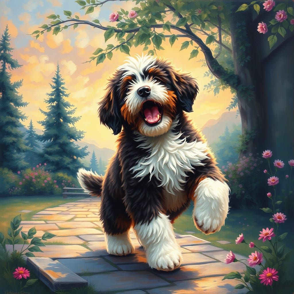 Joyful Bernedoodle Pup in Vibrant Acrylic Artwork