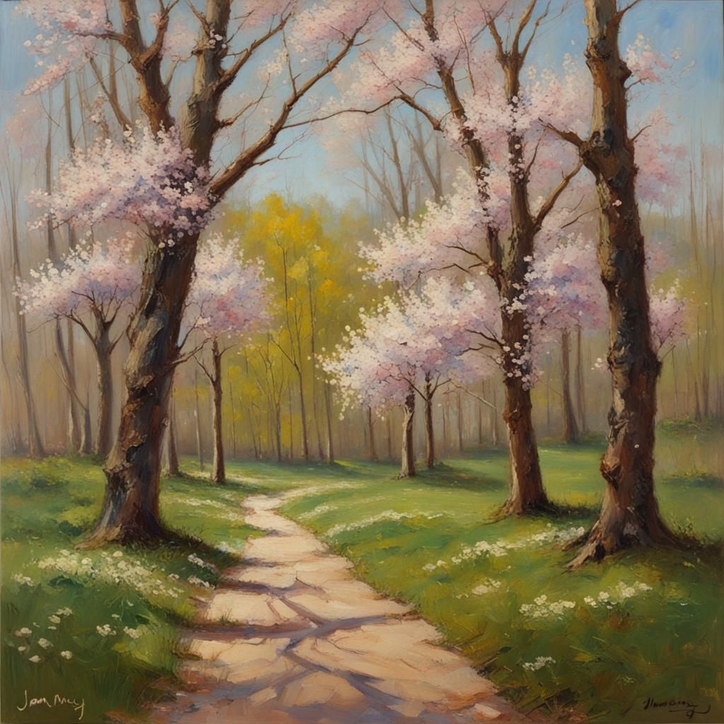 Spring Blossom Trees in Woods, Oil Painting