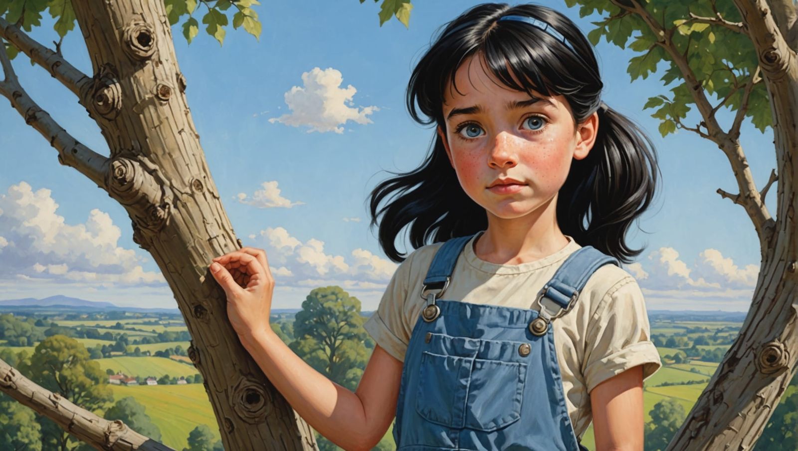 Girl Climbing Tree: Cartoon Oil Painting