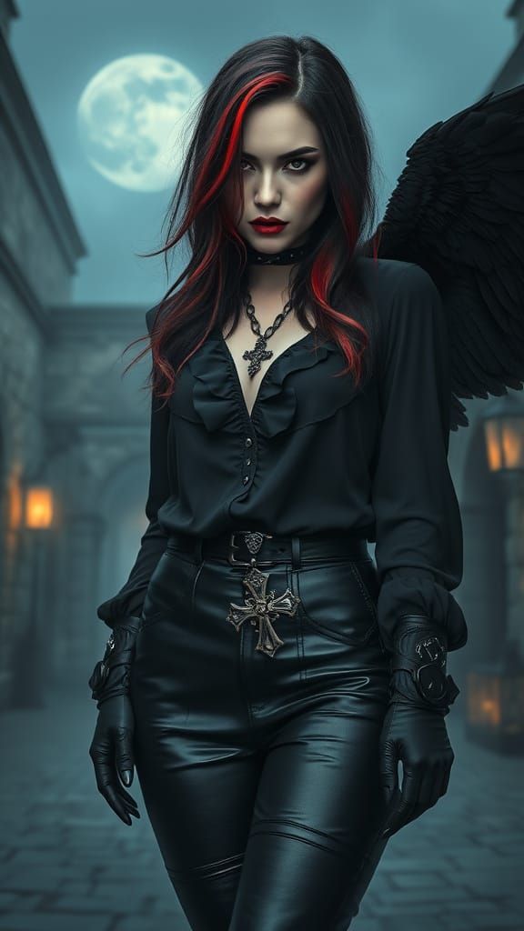 Ethereal Gothic Woman in Moonlit Courtyard