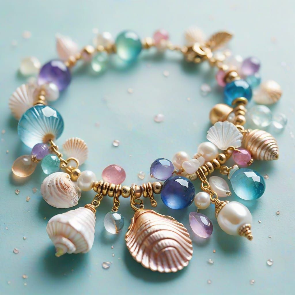 Watercolor Whimsy: Crystal Seashell Charm Bracelet in Soft F...