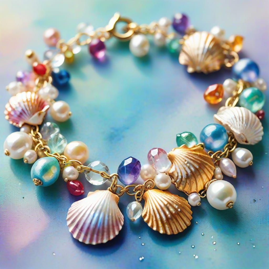 Watercolor Seashell Charm Bracelet with Pastel Gemstones and...