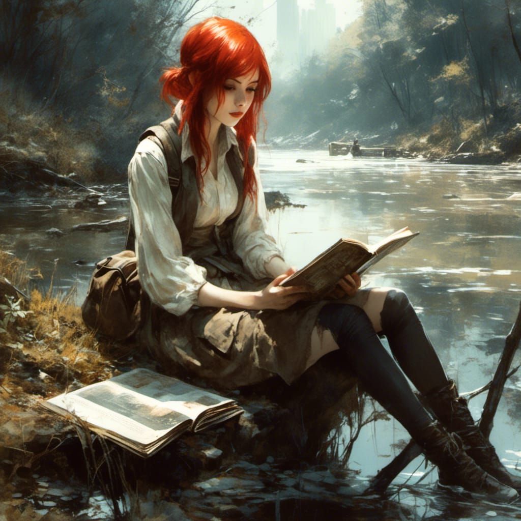 Anime Girl Reading Book in Park: Watercolor Art