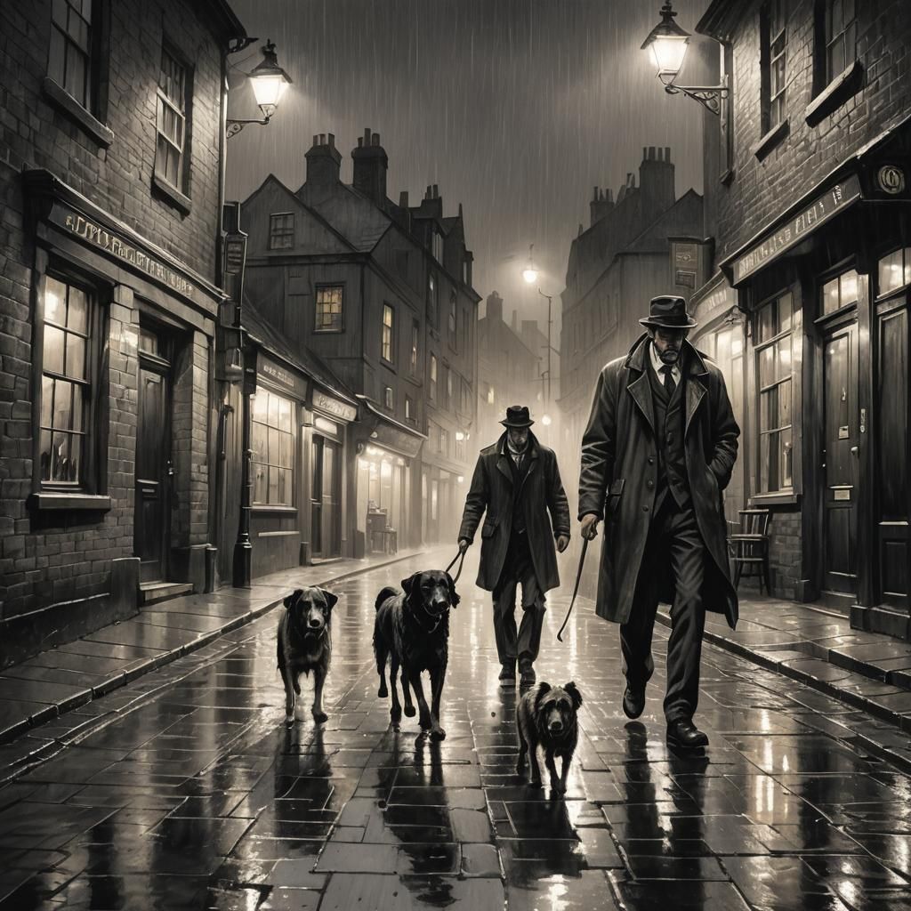 Rainy Night Charcoal Drawing in Film Noir Style