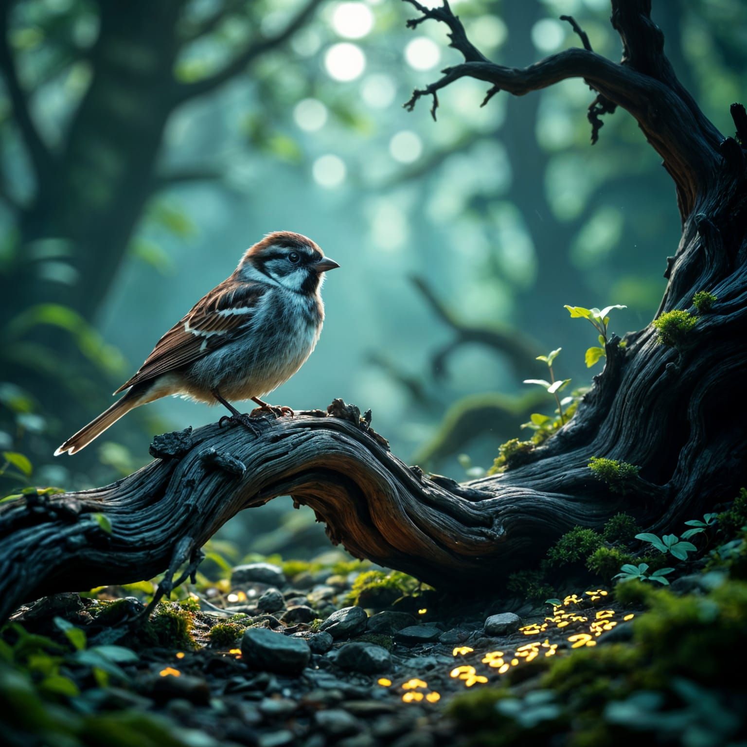 Lone Sparrow on Ancient Branch with Glowing Runes