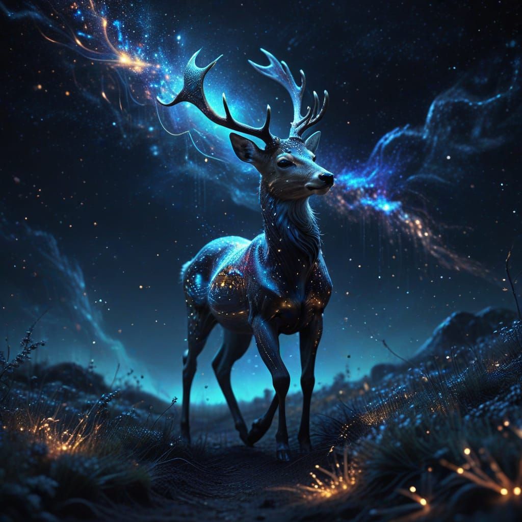 Stardust Deer in Night Sky: Surreal Digital Art