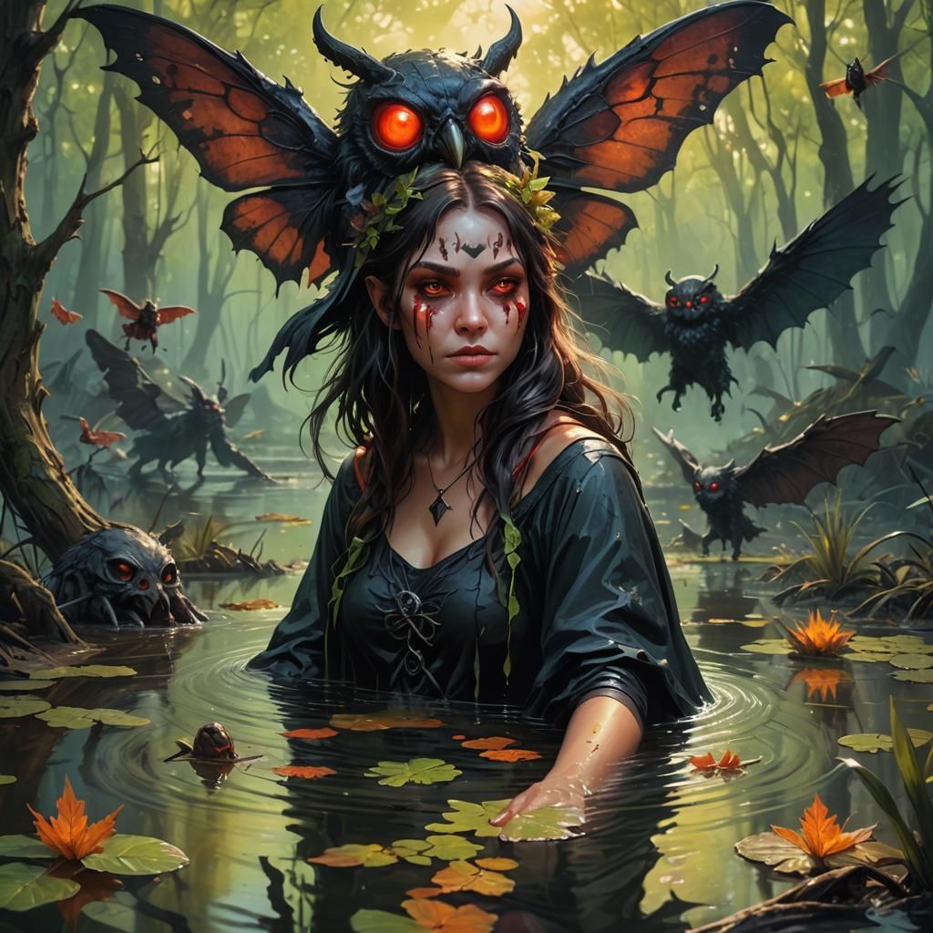 Swamp Witch and Mothman in Hyperrealistic Splash Art