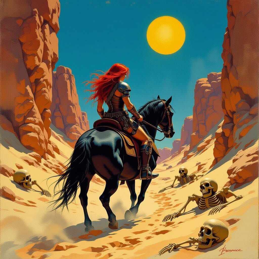 Barbarian Warrior Rides Horse Through Desert Gorge