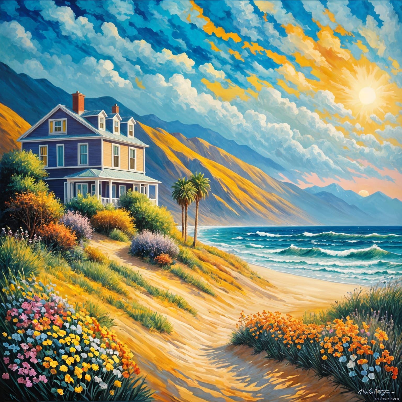 Dreamlike Coastal View of Beach House in Aquamarine and Lave...