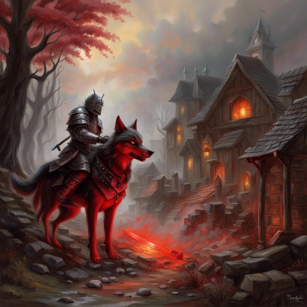 Wolf Knight Slaying Demons in Burning Village