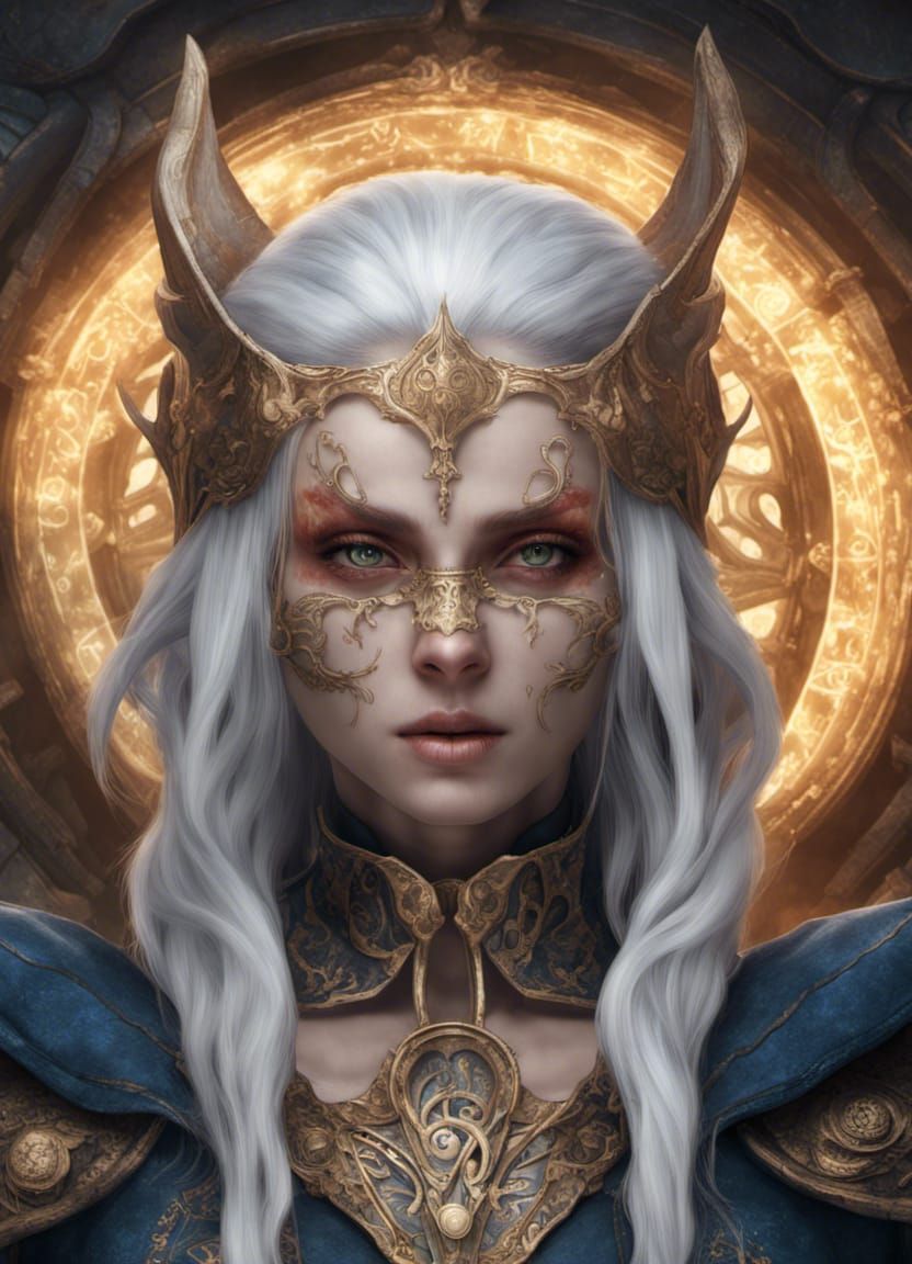 Sorcerer Elf with Clockwork Mask, Detailed Digital Art