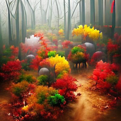 Foggy Autumn Forest with Colorful Foliage