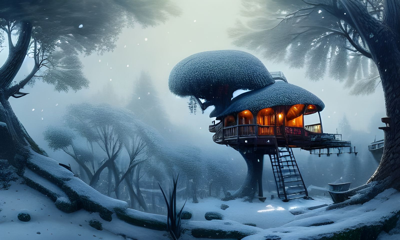 Snowy Town Treehouse Landscape in Hyperreal Style