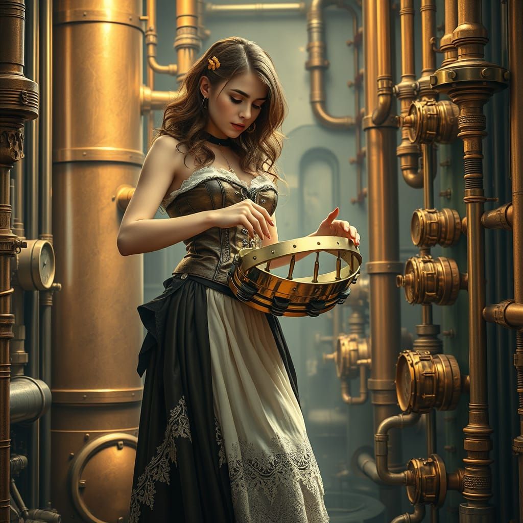 Steampunk Siren Plays Tambourine Amidst Industrial Dreamscap...