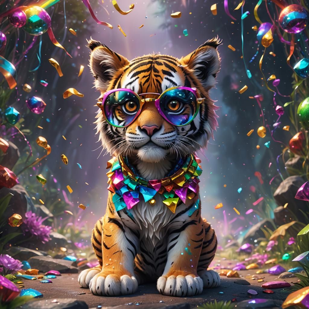 Cute Tiger with Rainbow Accessories in Detailed Painting