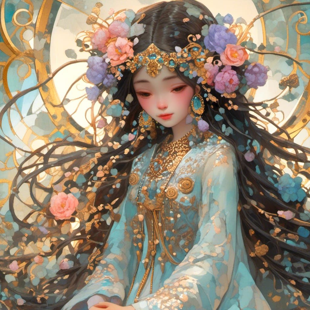 Crystal Portal: Miniature Woman in Klimt Style