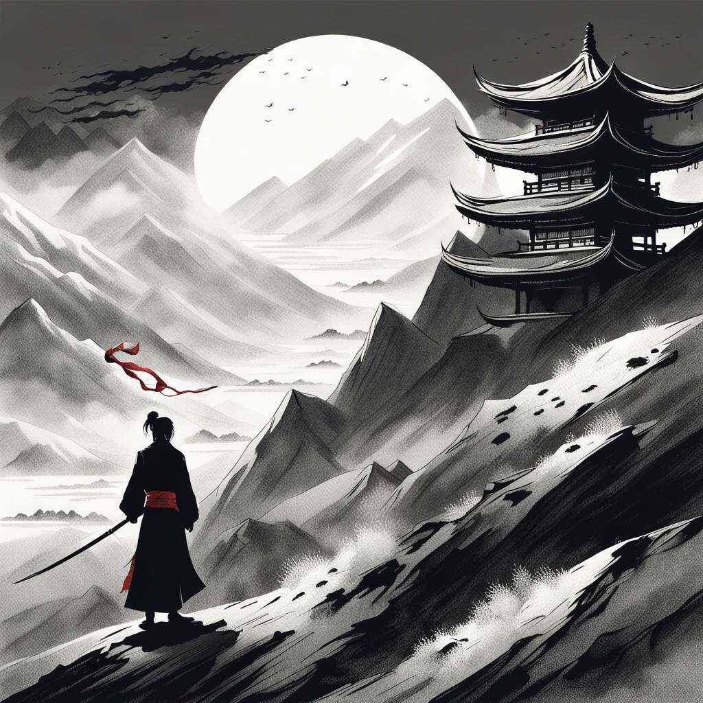 Hanfu Silhouette in Blizzard with Red Ribbon