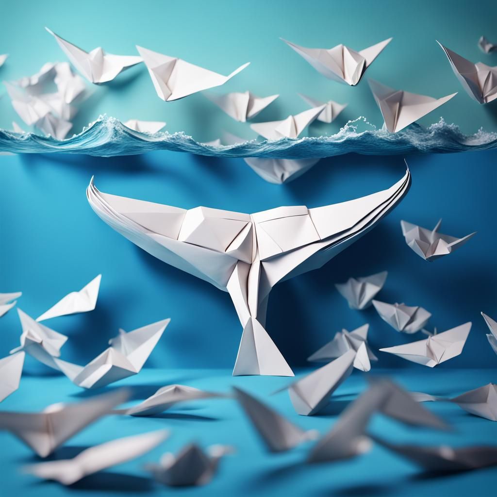 Origami Whale Diving into Ocean Depths