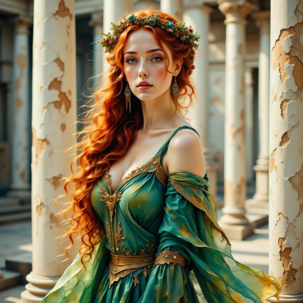 Redhead in Roman Setting with Grunge Aesthetic