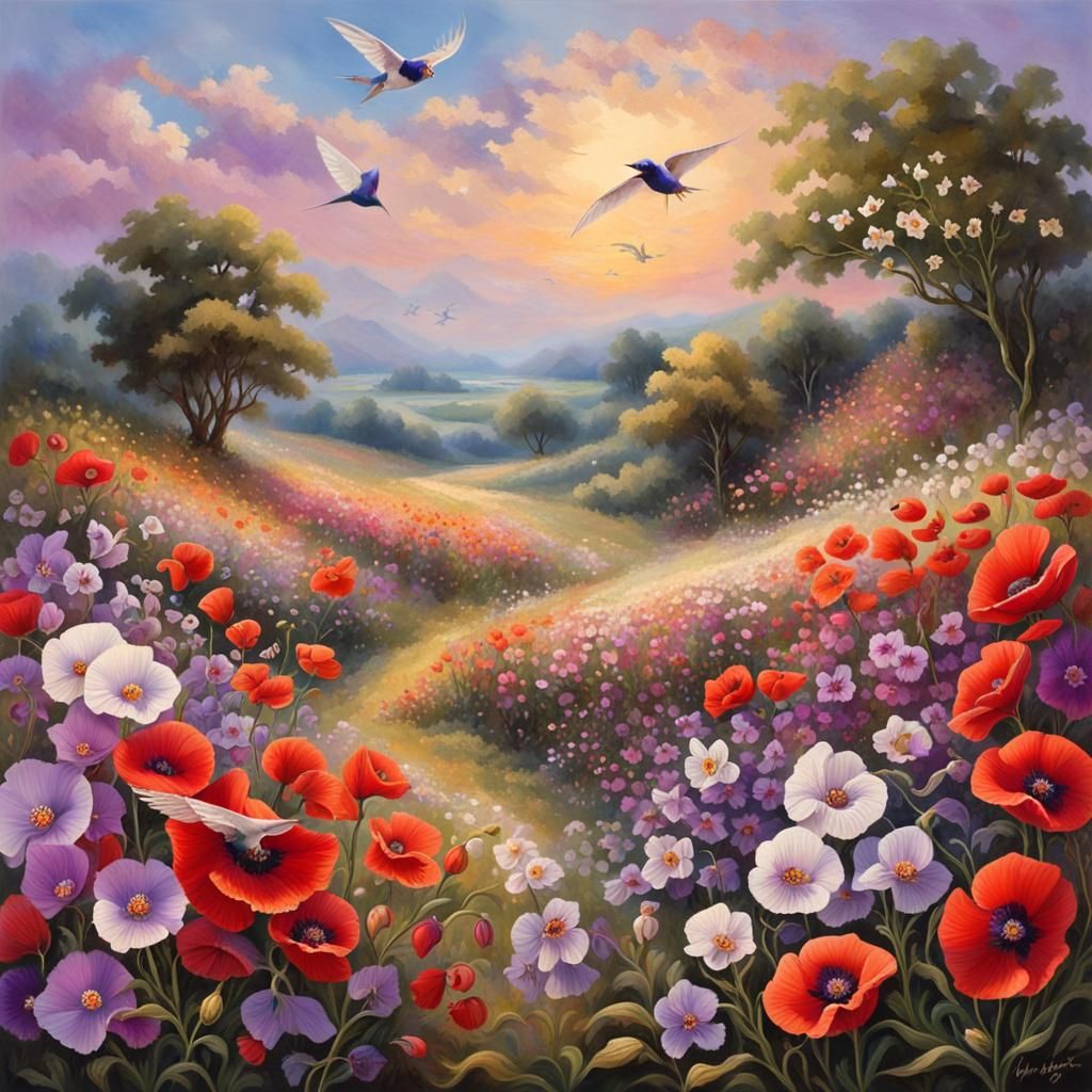 Kaleidoscopic Countryside at Dusk with Flowers and Swallows