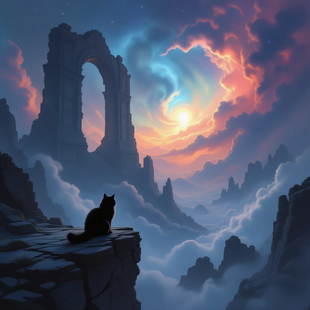 Fluffy Black Cat Explorer in Cosmic Ruin