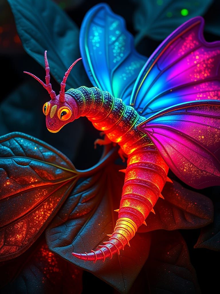 Bioluminescent Dragon Caterpillar with Butterfly Wings