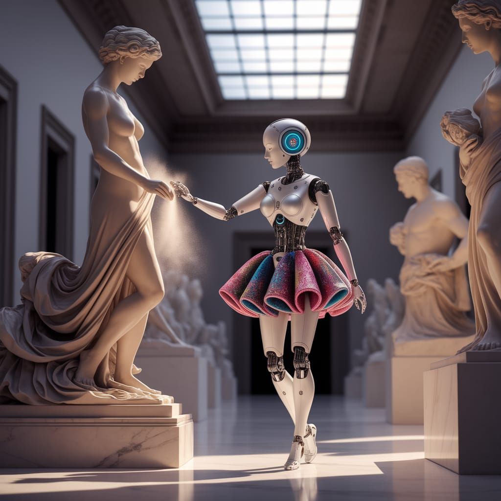 Robot Woman Dusting Statue in Museum