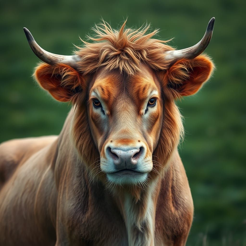 Realistic Lion-Cow Hybrid in Green Pasture