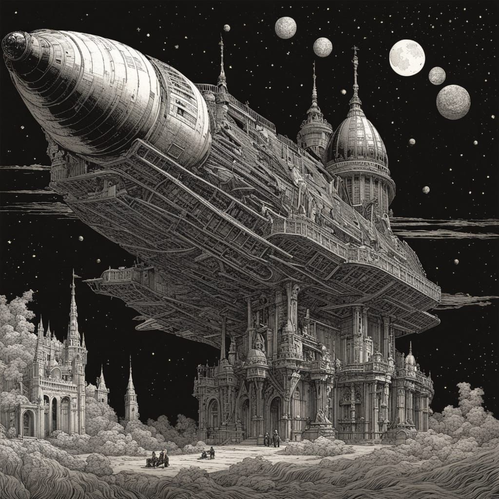 Gothic Sci-Fi Spaceship Docking, Etched Linework