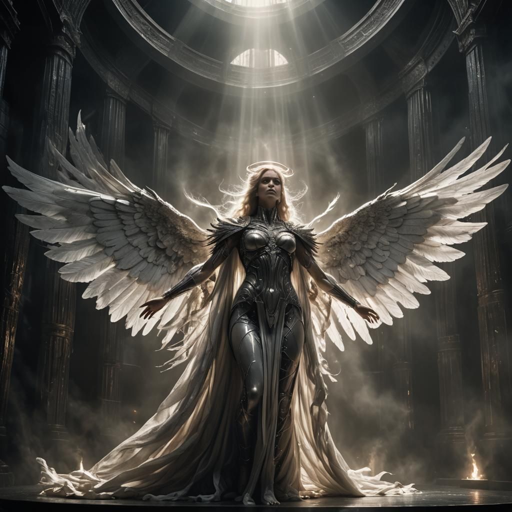 Angelic Being in Dark Chamber, in Dark Surrealism Style