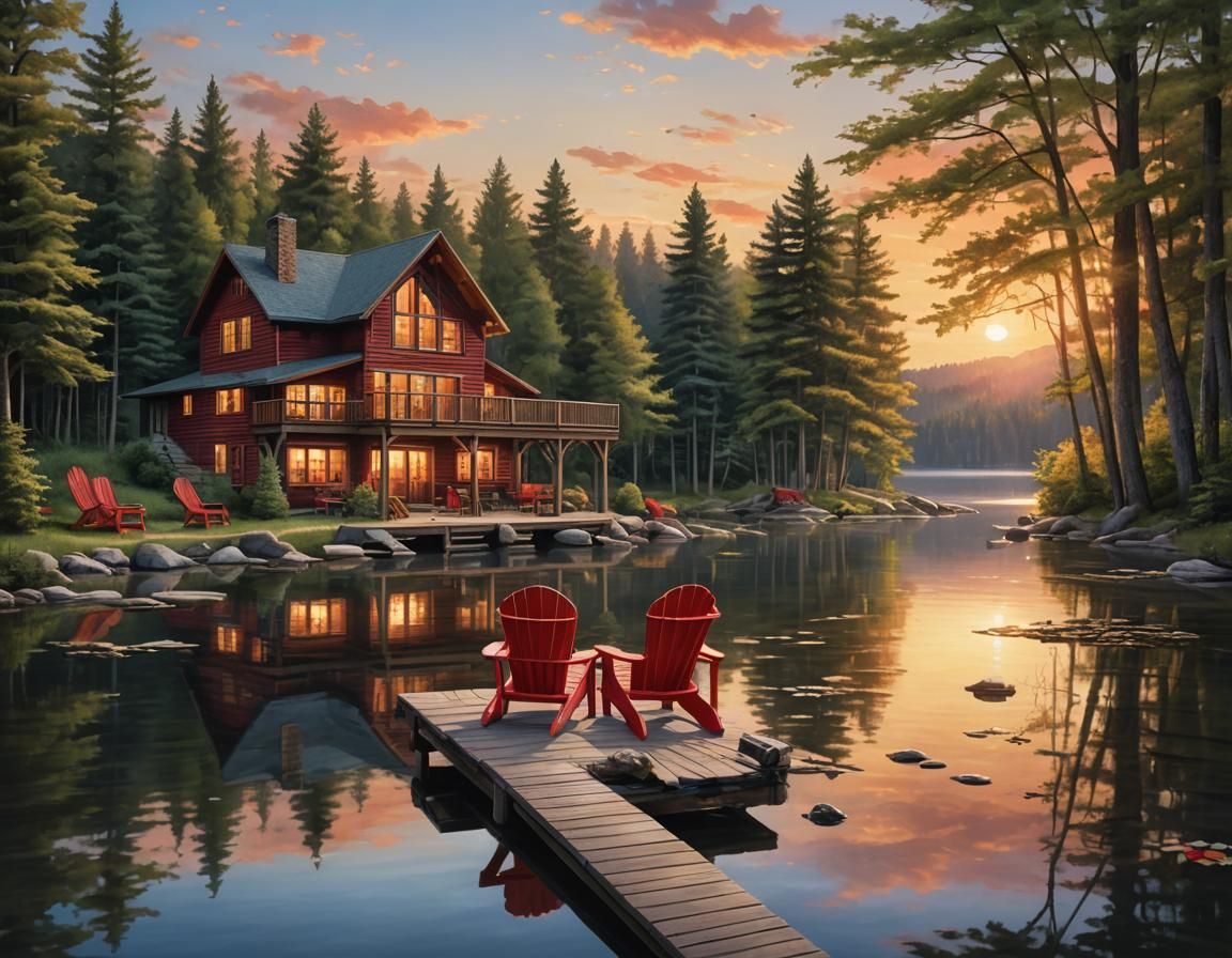 Breathtaking Lakeside Sunset Scene with Adirondack Chairs