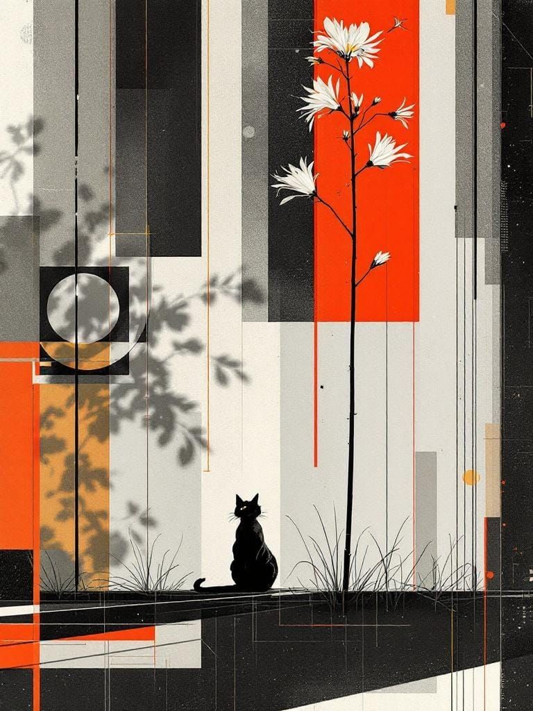 Cat Under Flower in Bauhaus Style