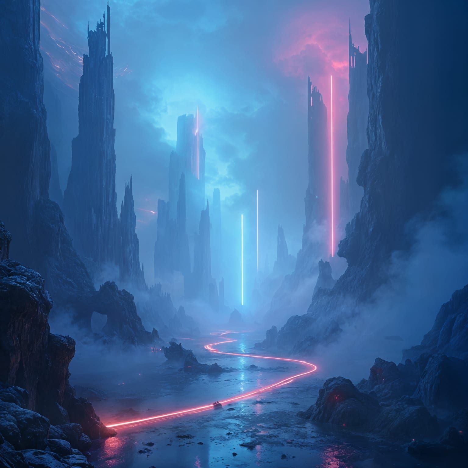 Futuristic Dreamscape with Glowing Lines in Fantasy Art