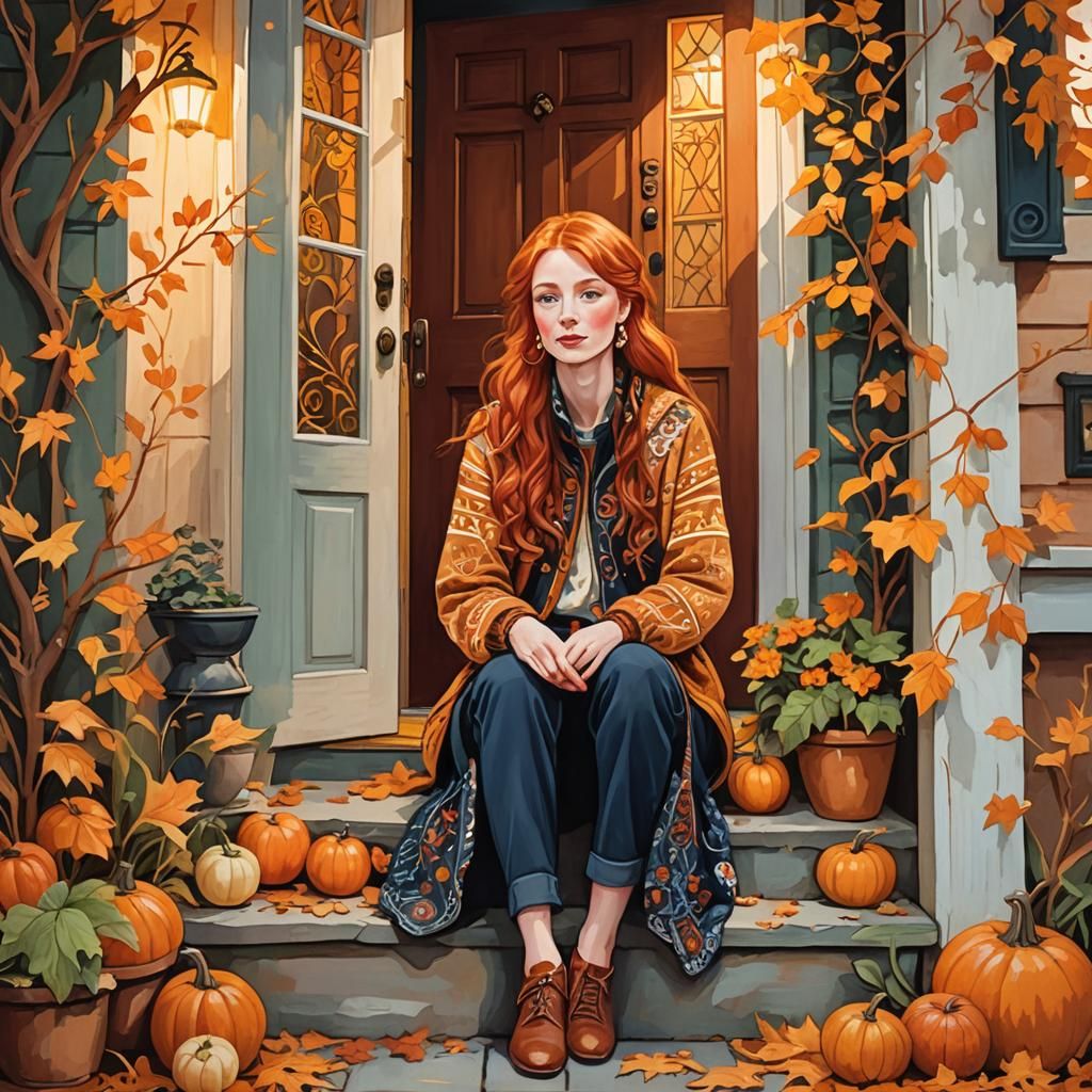 Redhead Woman Under Harvest Moon in Folk Art Style