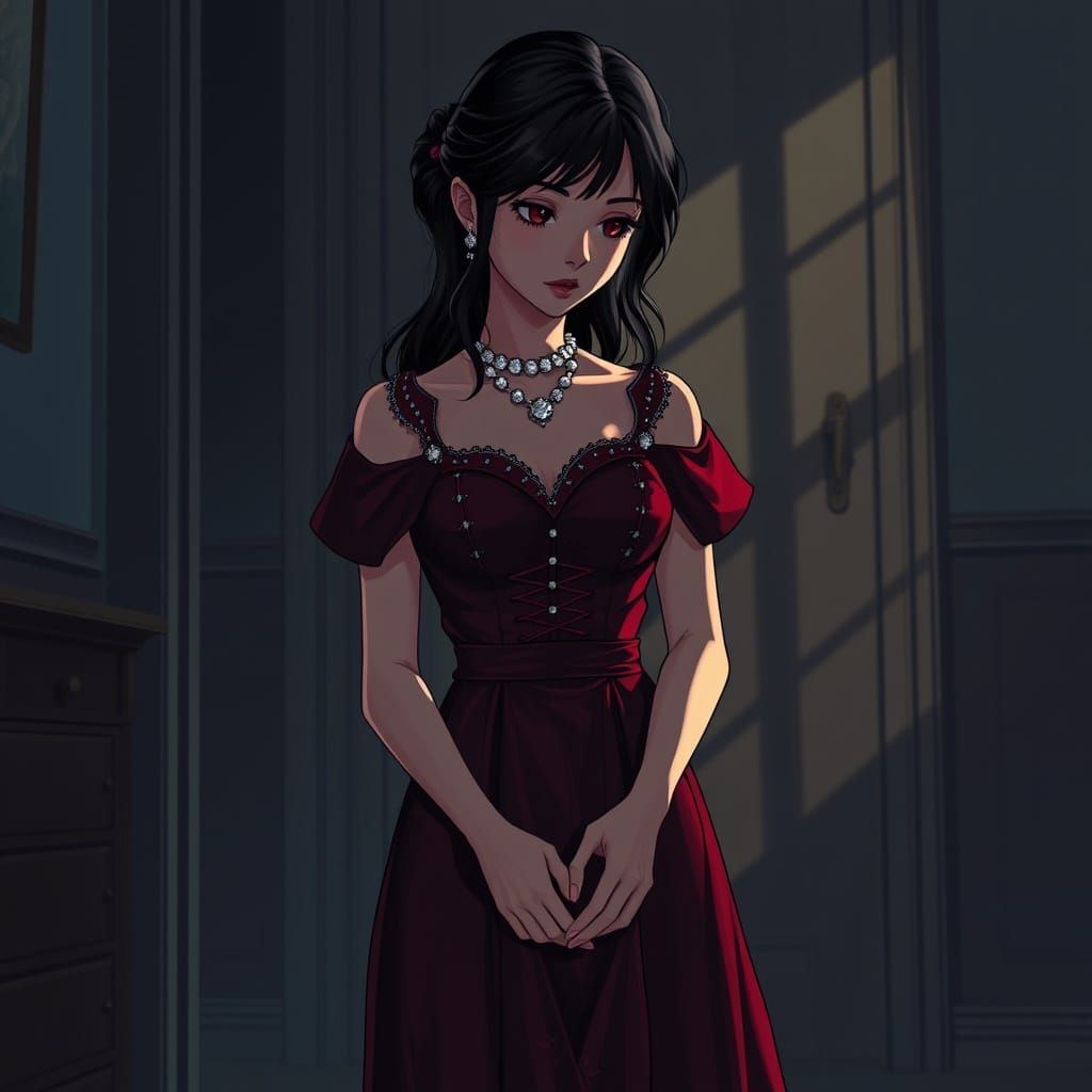 Young Woman in Red Dress, Manga-Inspired Art